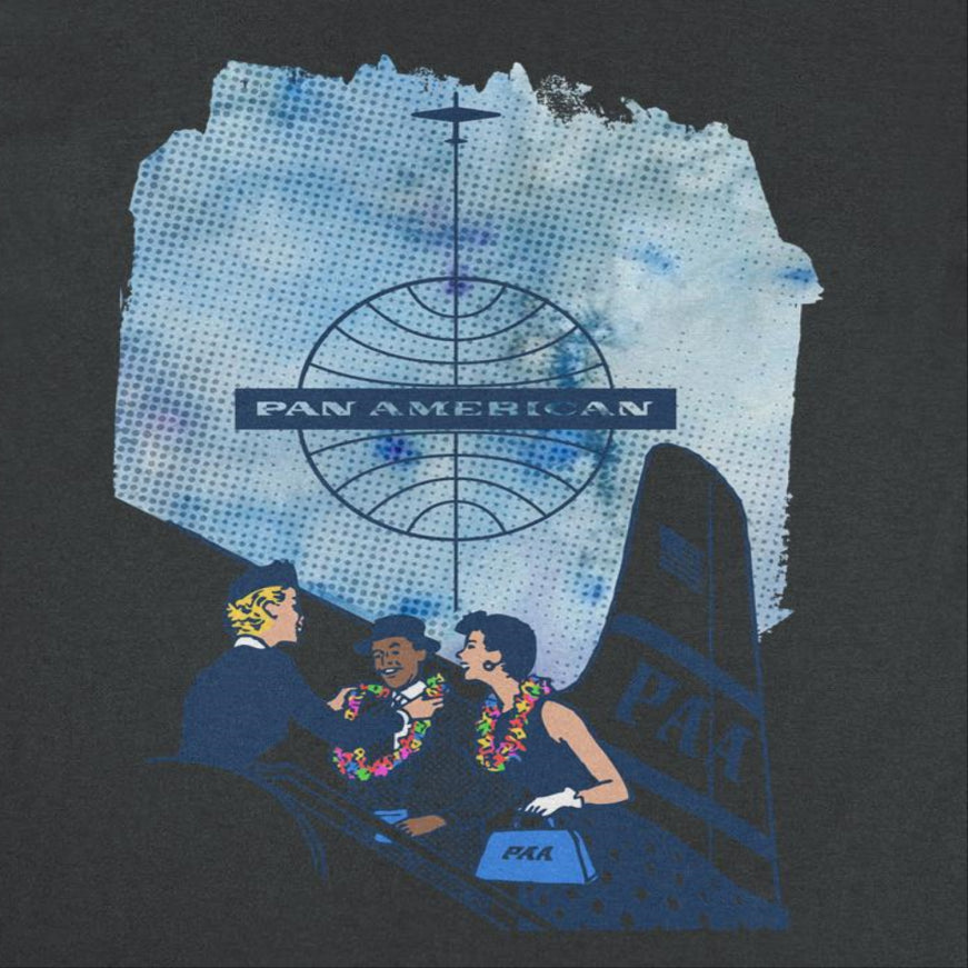 Pan Am Hostess Placing Rainbow Lei On Customer Mens T Shirt Black Officially Licensed