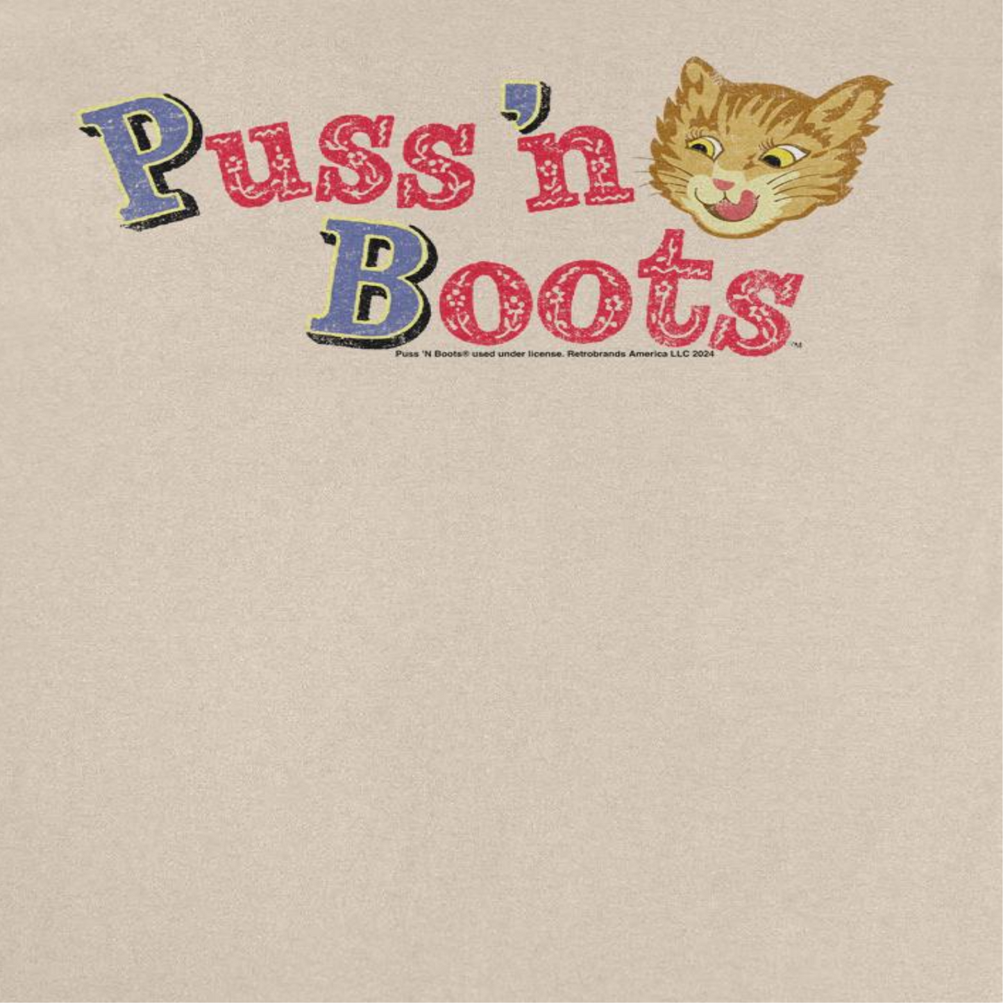 Puss n Boots Distressed Retro Branding Cat Food Mens T Shirt Sand Officially Licensed