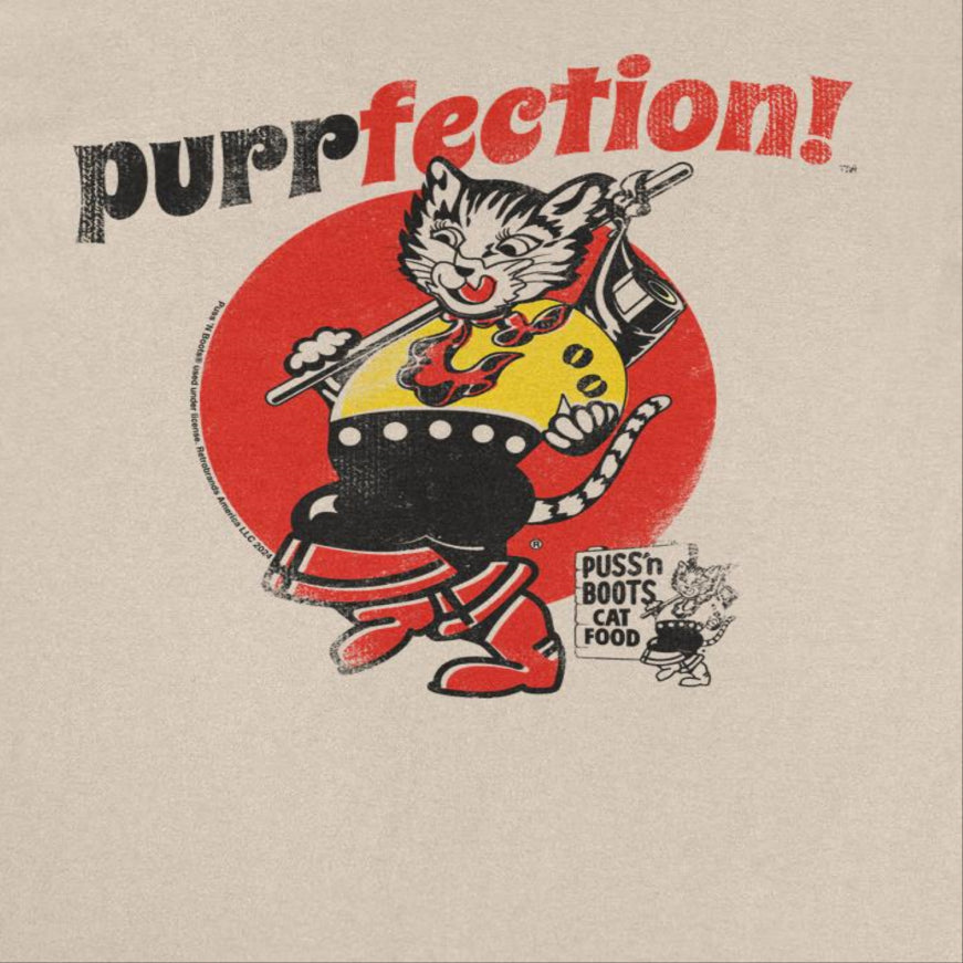 Puss n Boots Retro Cat Food Purrfection Mens T Shirt Sand Officially Licensed