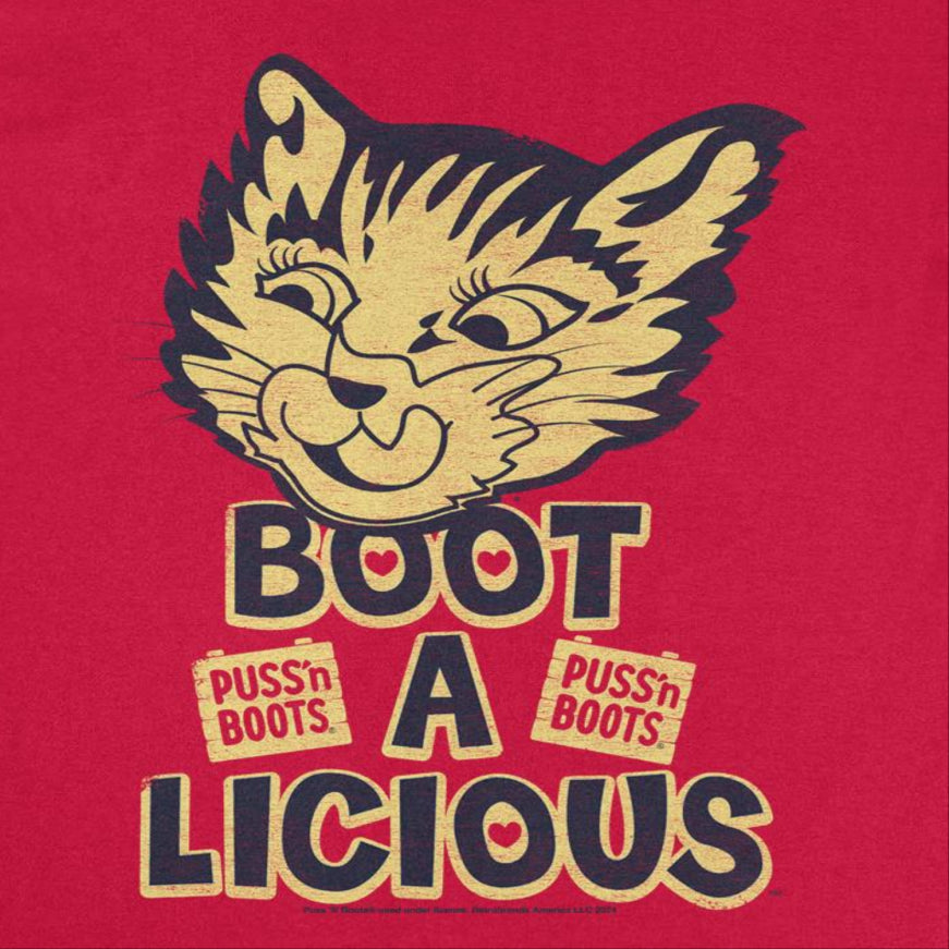 Puss n Boots Boot a Licious Retro Cat Food Mens T Shirt Red Officially Licensed