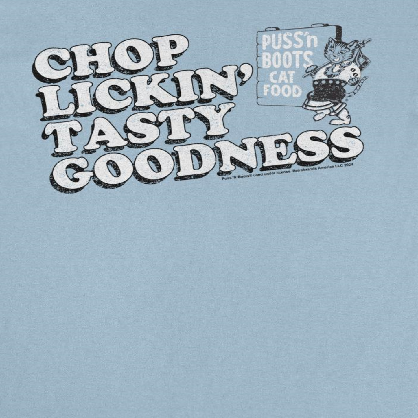 Puss n Boots Retro Cat Food Chop Lickin Mens T Shirt Light Blue Officially Licensed