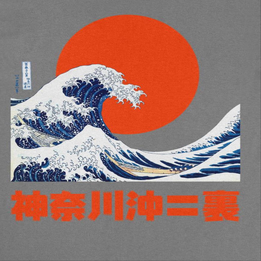 Classic Paintings Graphic Wave Hokusai Mens T Shirt Charcoal Officially Licensed