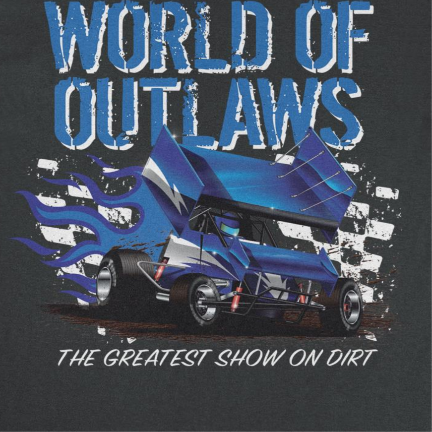 World of Outlaws Blue Fire Mens T Shirt Black Officially Licensed