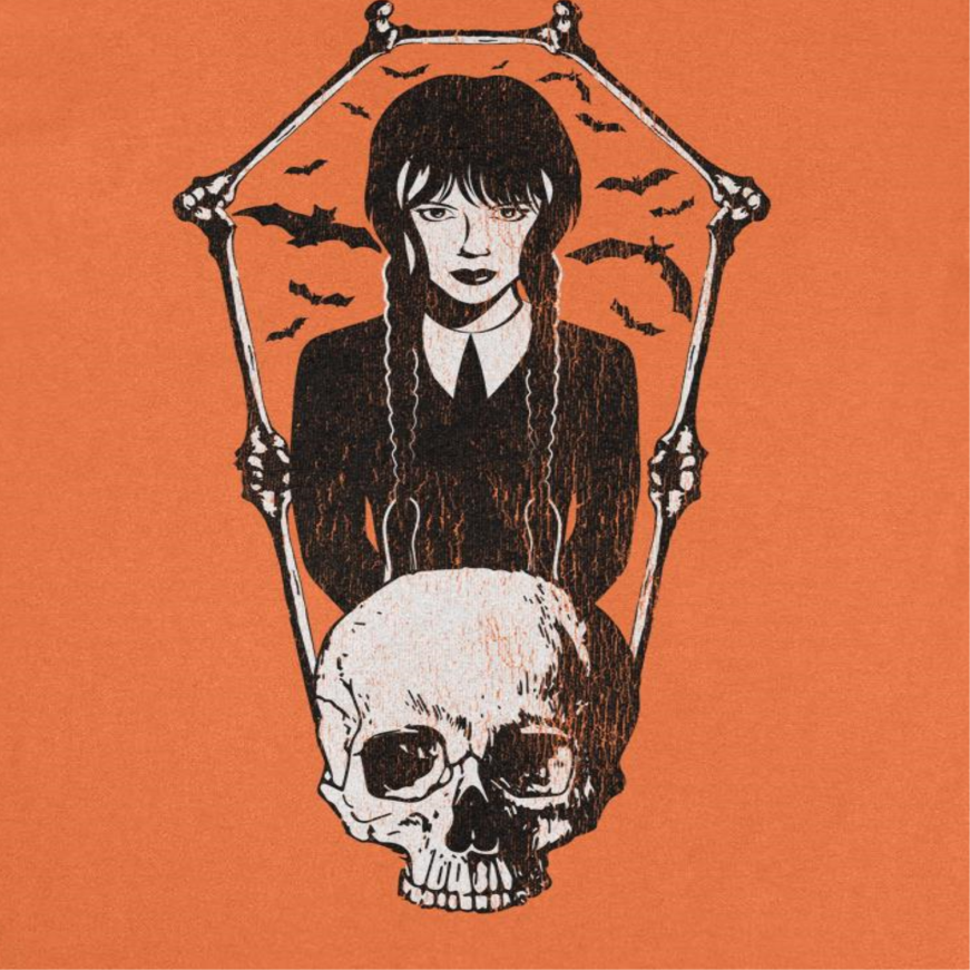 Wednesday Skull and Bones Frame T Shirt Orange Officially Licensed