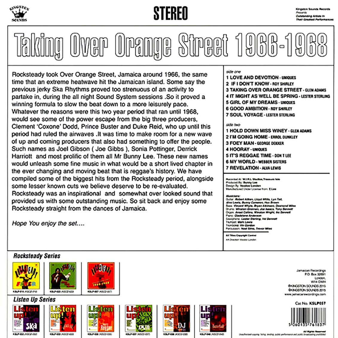 The Uniques, Roy Shirley, Lester Sterling, Alva Lewis, Etc. - Rock Steady Taking Over Orange Street: 1966-1968 (180g) Vinyl Record