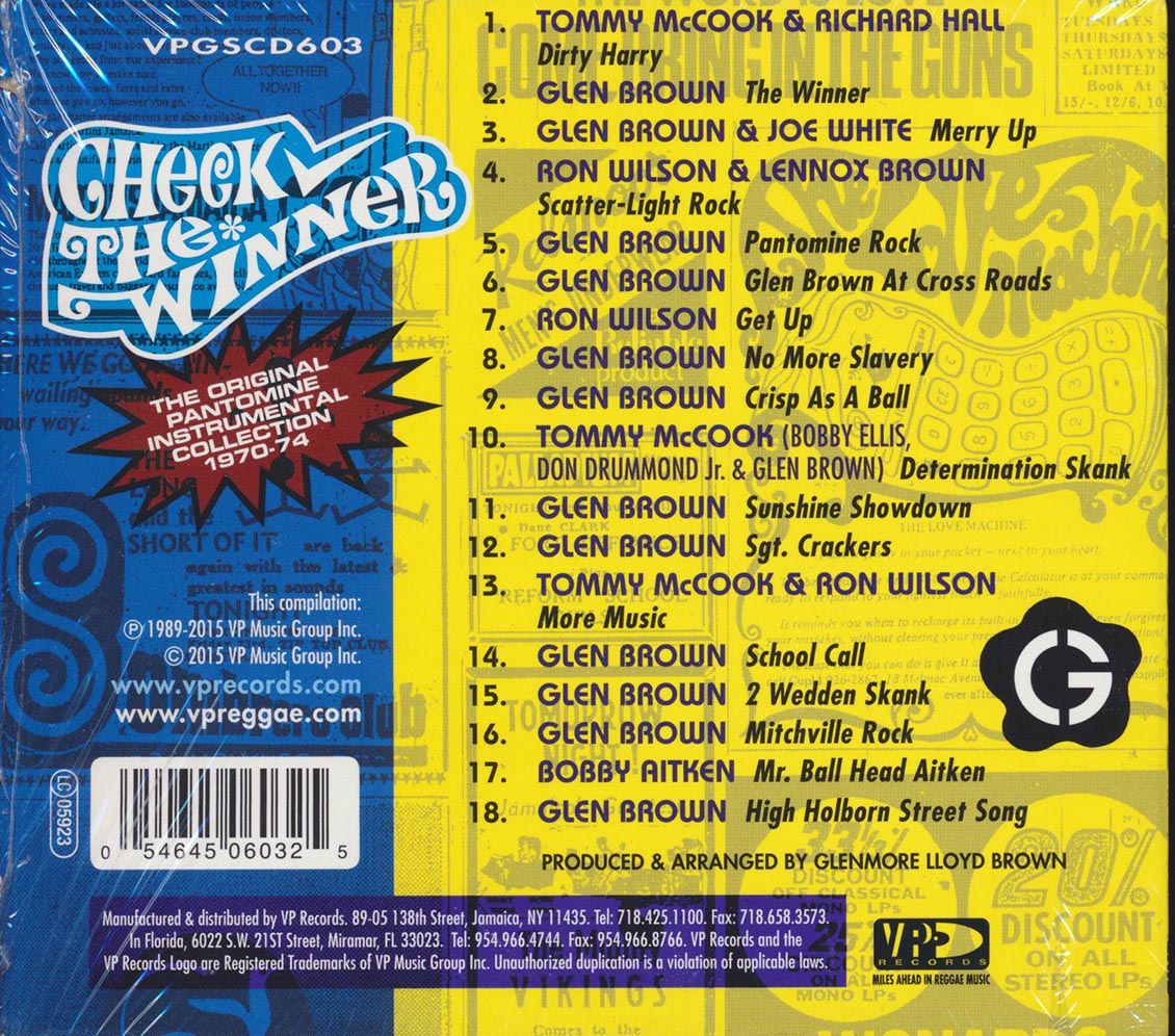 Glen Brown - Check The Winner: The Original Pantomine Instrumental Collection 1970-74 Music CD