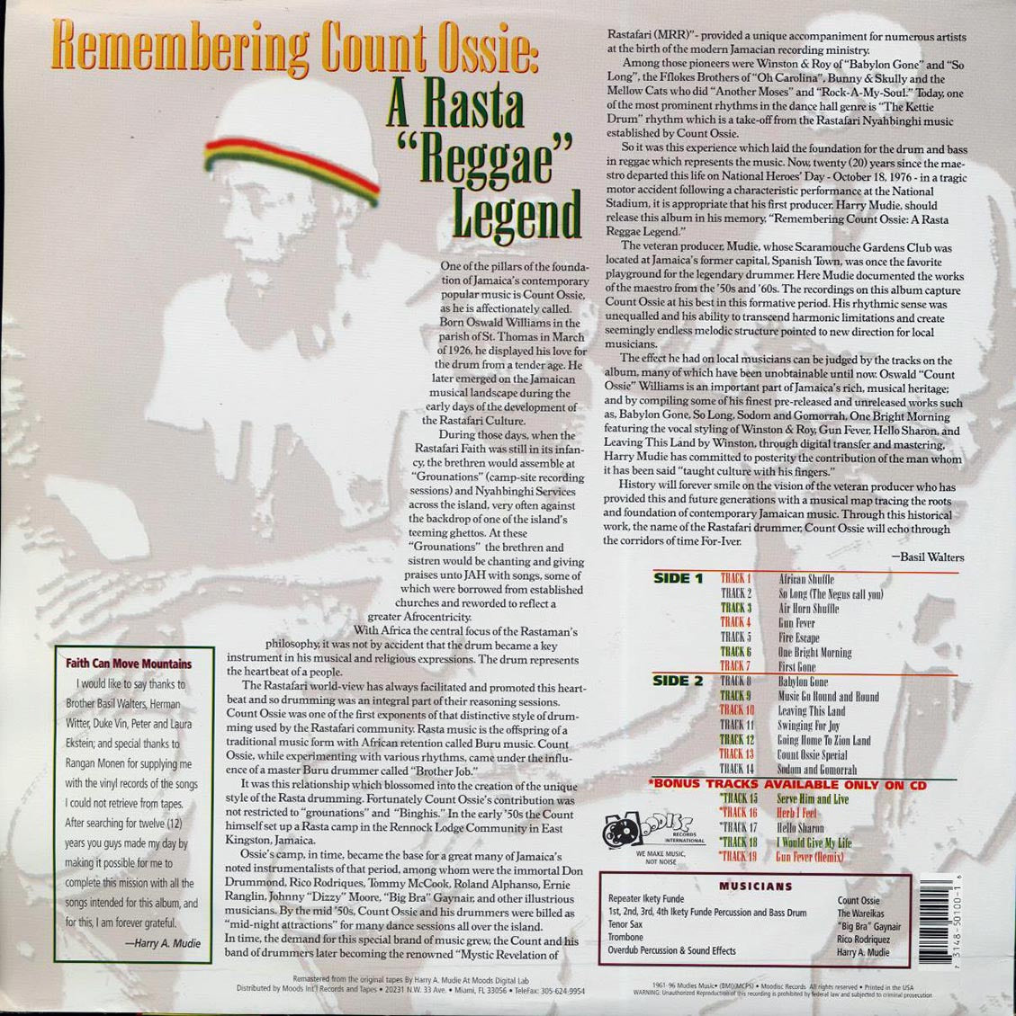 Count Ossie - Remembering Count Ossie: A Rasta Reggae Legend (1996 FIRST PRESS) (orig. press) (green vinyl) Vinyl Record