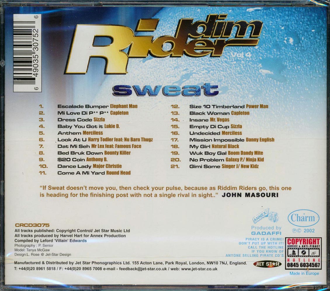 Sizzla, Capleton, Natural Black, Etc. - Riddim Rider: Sweat (rhythm: "Sweat") (21 tracks) Music CD