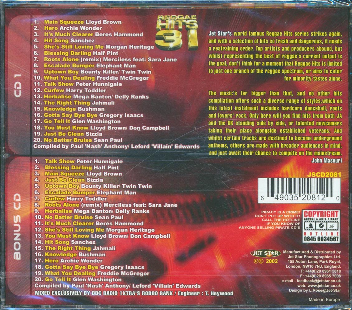 Half Pint, Bushman, Beres Hammond, Etc. - Reggae Hits Volume 31 (40 tracks) (2xCD) Music CD