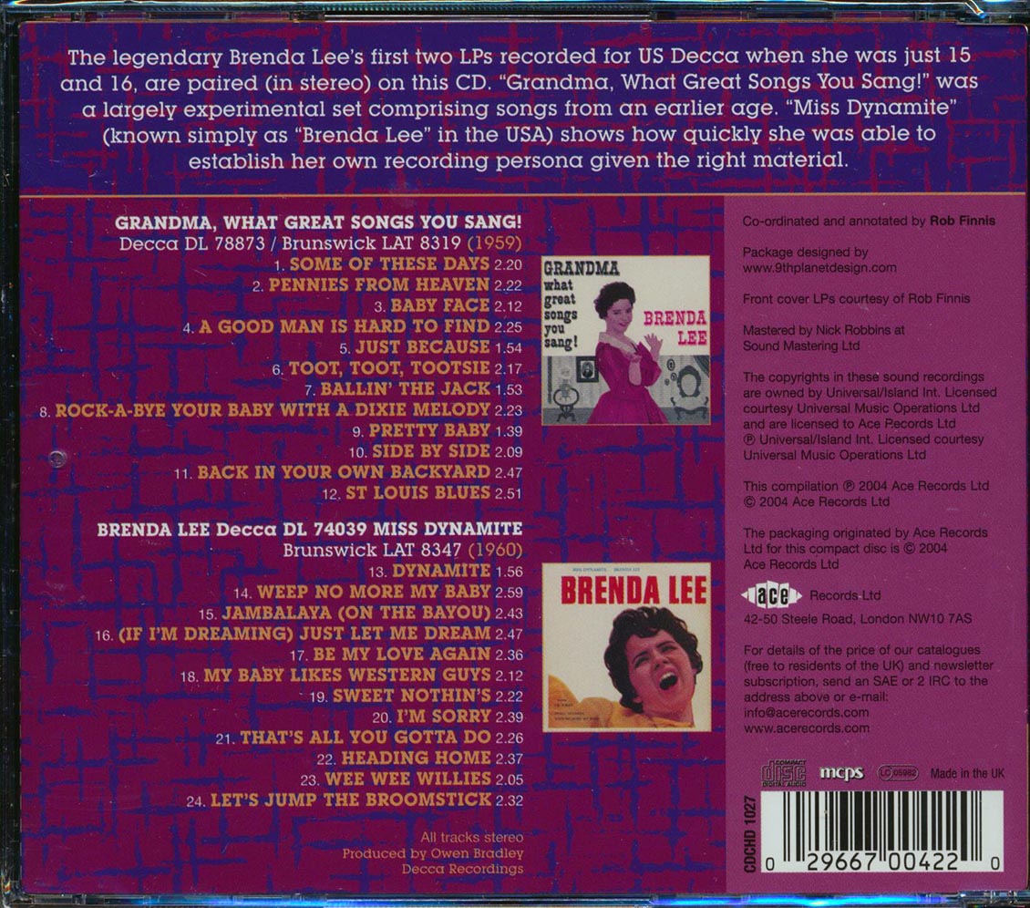 Brenda Lee - Grandma, What Great Songs You Sang + Miss Dynamite (24 tracks) Music CD