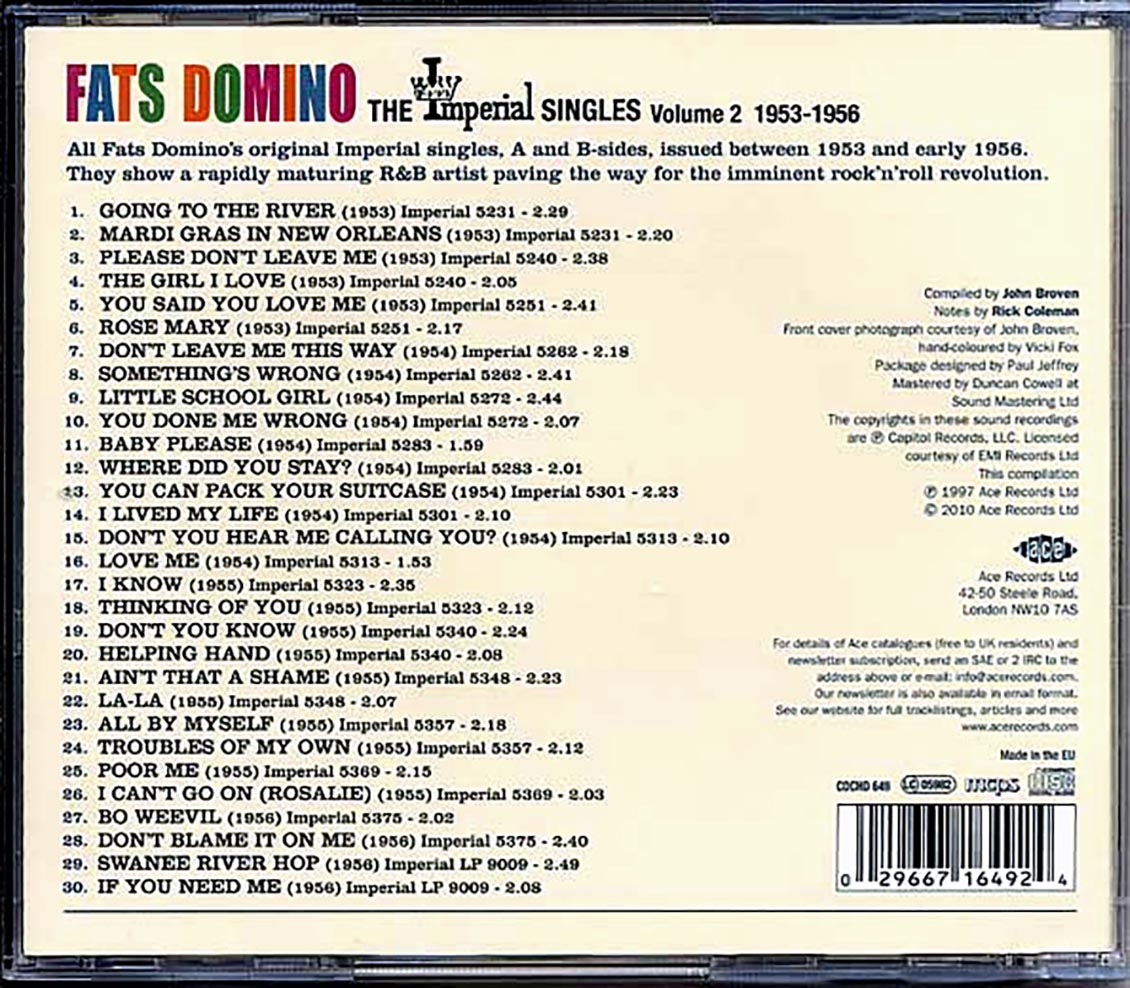Fats Domino - The Imperial Singles Volume 2: 1953-1956 (30 tracks) Music CD