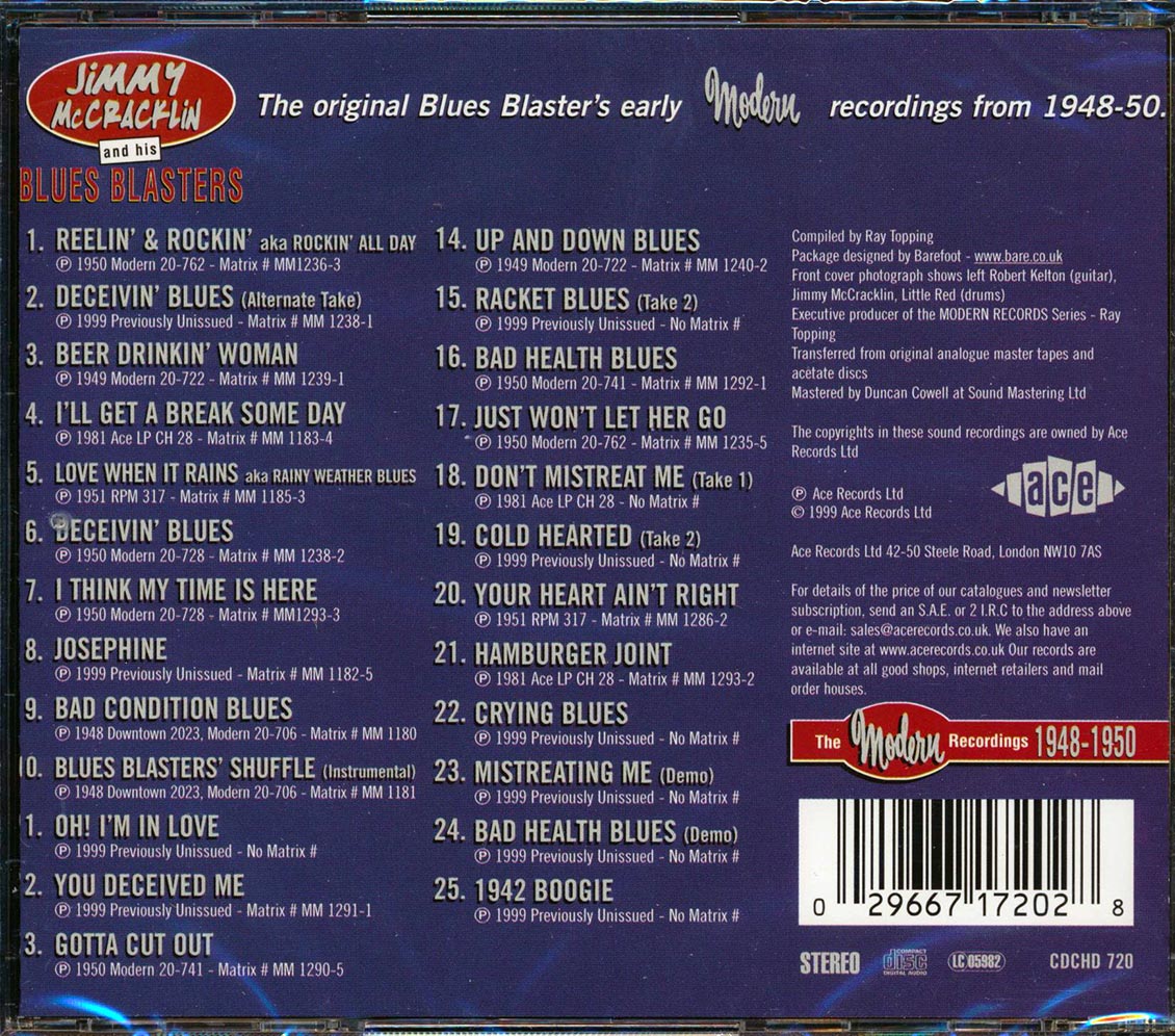 Jimmy McCracklin & His Blues Blasters - The Modern Recordings 1948-1950 (25 tracks) Music CD