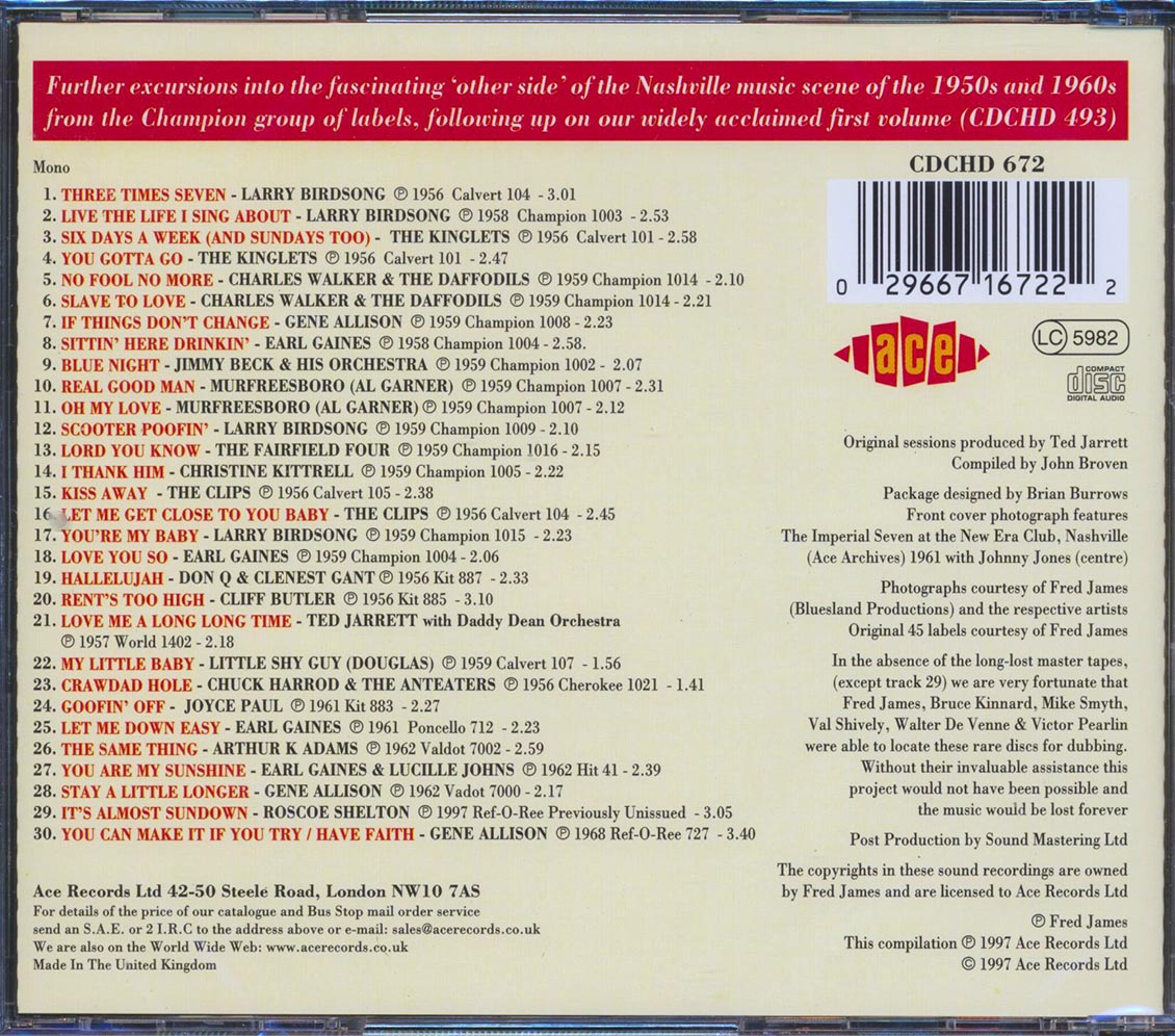 Various - Across The Tracks Volume 2: More Nashville R & B And Doo Wop (30 tracks) Music CD