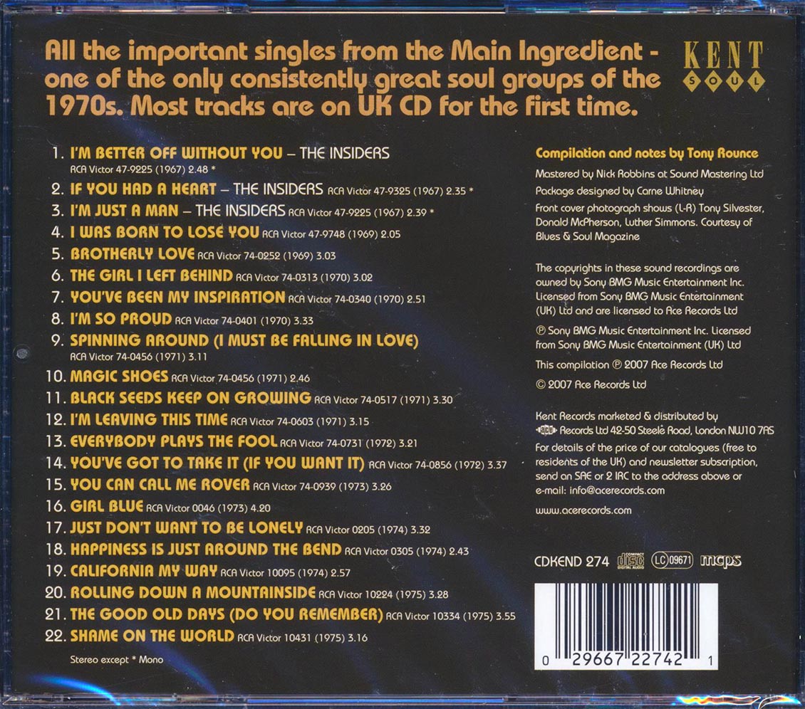 The Main Ingredient - Spinning Around: The Singles 1967-1975 (22 tracks) Music CD