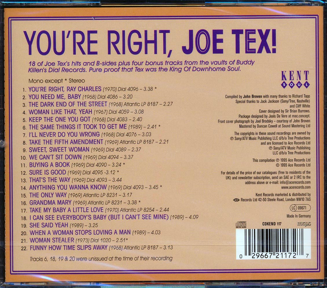 Joe Tex - You're Right Joe Tex (22 tracks) Music CD