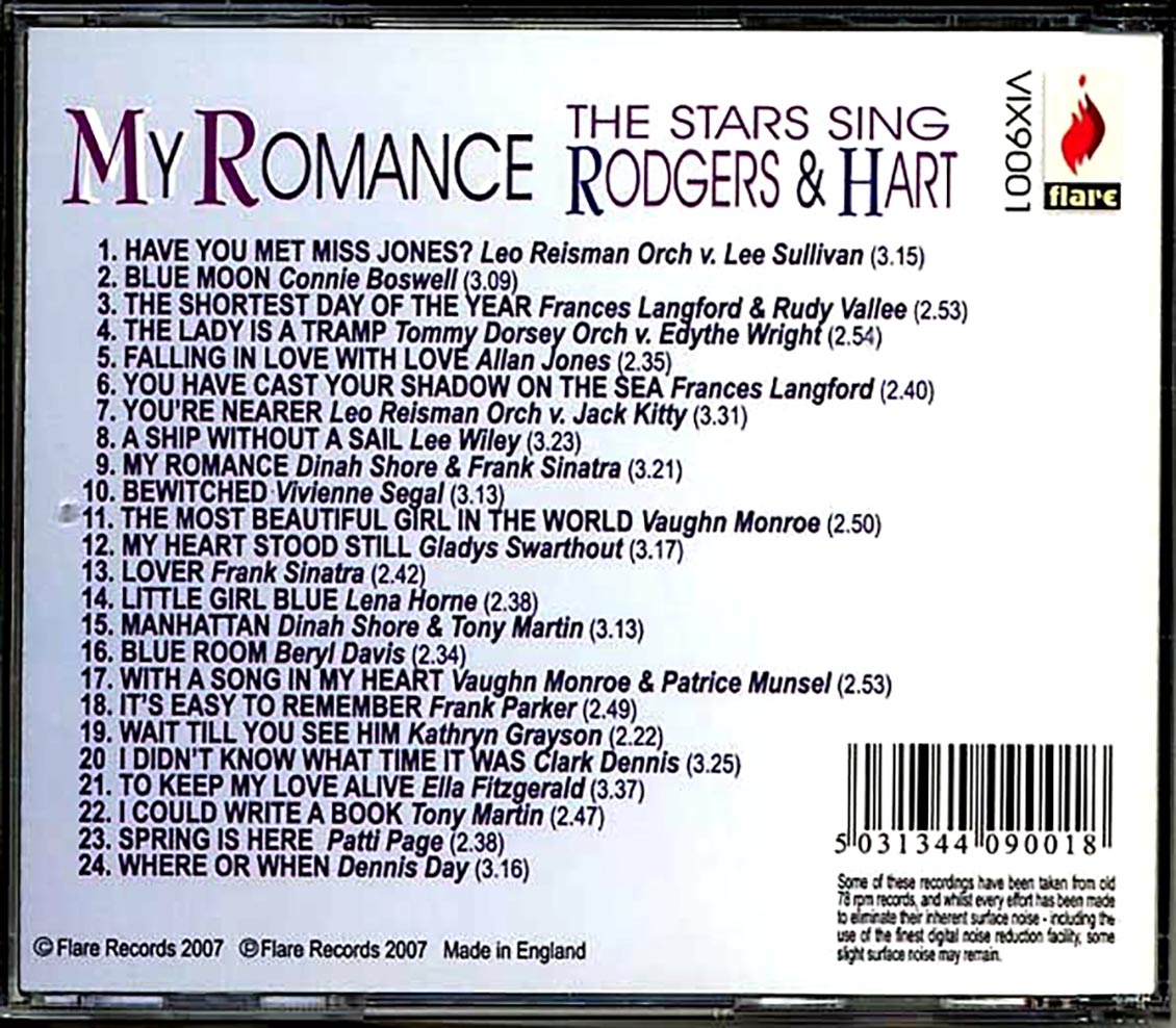 Tommy Dorsey Frank Sinatra Dinah Shore Patti Page Etc My Romance The Stars Sing Rodgers & Hart Music CD