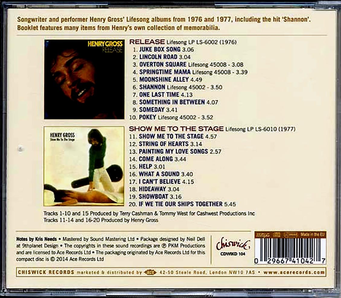 Henry Gross - Release + Show Me To The Stage (20 tracks) Music CD