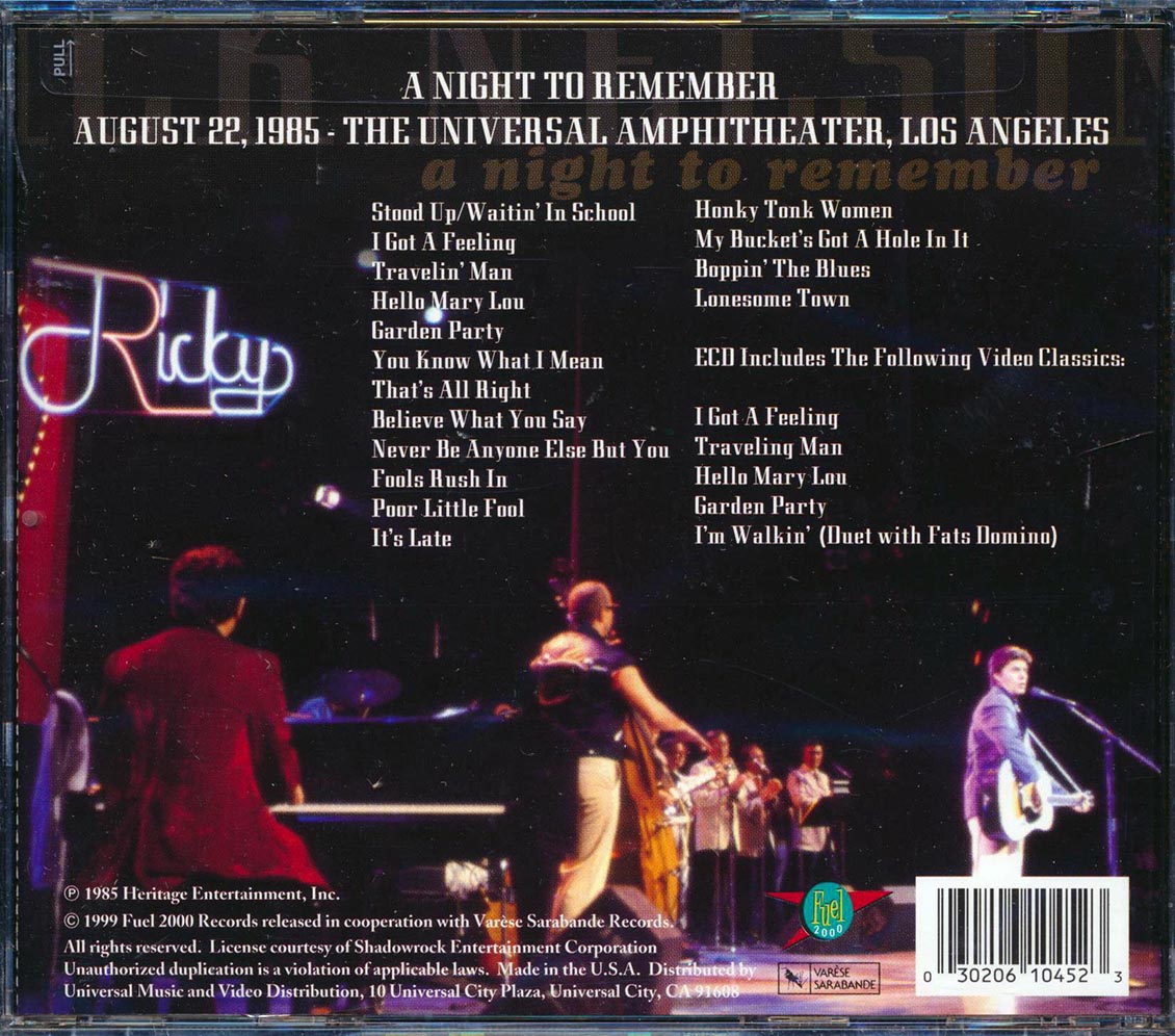 Rick Nelson A Night To Remember Live At The Universal Amphitheater Los Angeles 1985 marked/ltd stock Music CD
