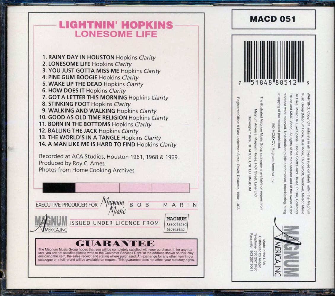 Lightnin' Hopkins - Lonesome Life (marked/ltd stock) Music CD