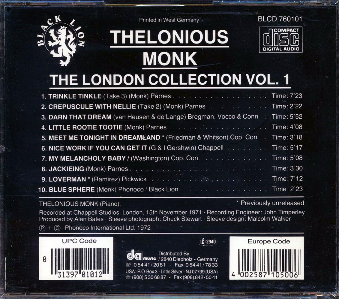 Thelonious Monk The London Collection Volume 1 Music CD