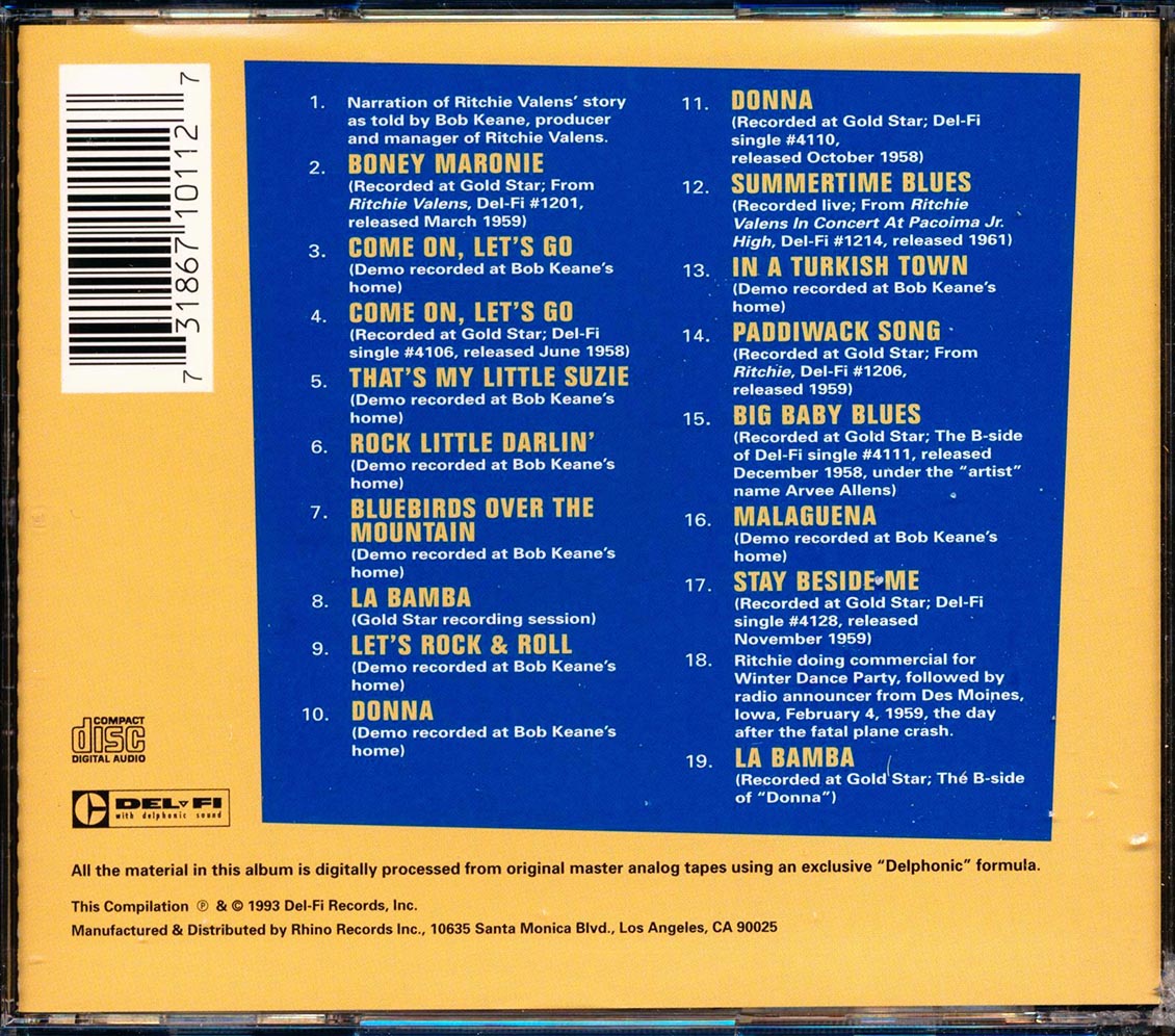 Ritchie Valens The Ritchie Valens Story Hits Unreleased Demos Photos And Richie's Story As Told By Producer Bob Keane Music CD