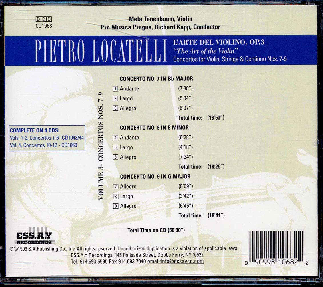 Locatelli - L'arte Del Violino Volume 3 Concertos Nos. 7-9, Mela Tenenbaum, Richard Kapp Music CD