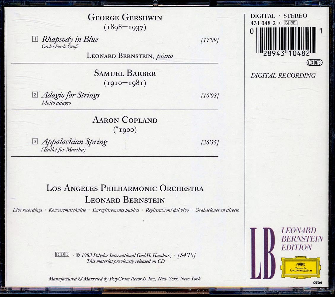 Gershwin, Copland, Barber - Rhapsody In Blue + Appalachian Spring + Adagio: Los Angeles Philharmonic Orchestra (leonard Bernstein Edition) Music CD