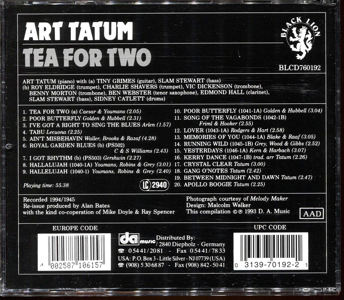 Art Tatum - Tea For Two (20 tracks) Music CD