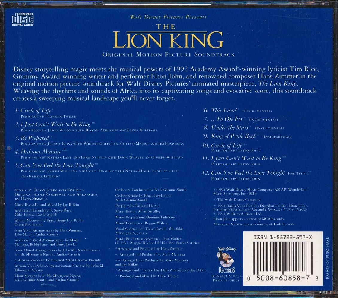 Elton John Tim Rice Hans Zimmer The Lion King Original Motion Picture Soundtrack Music CD