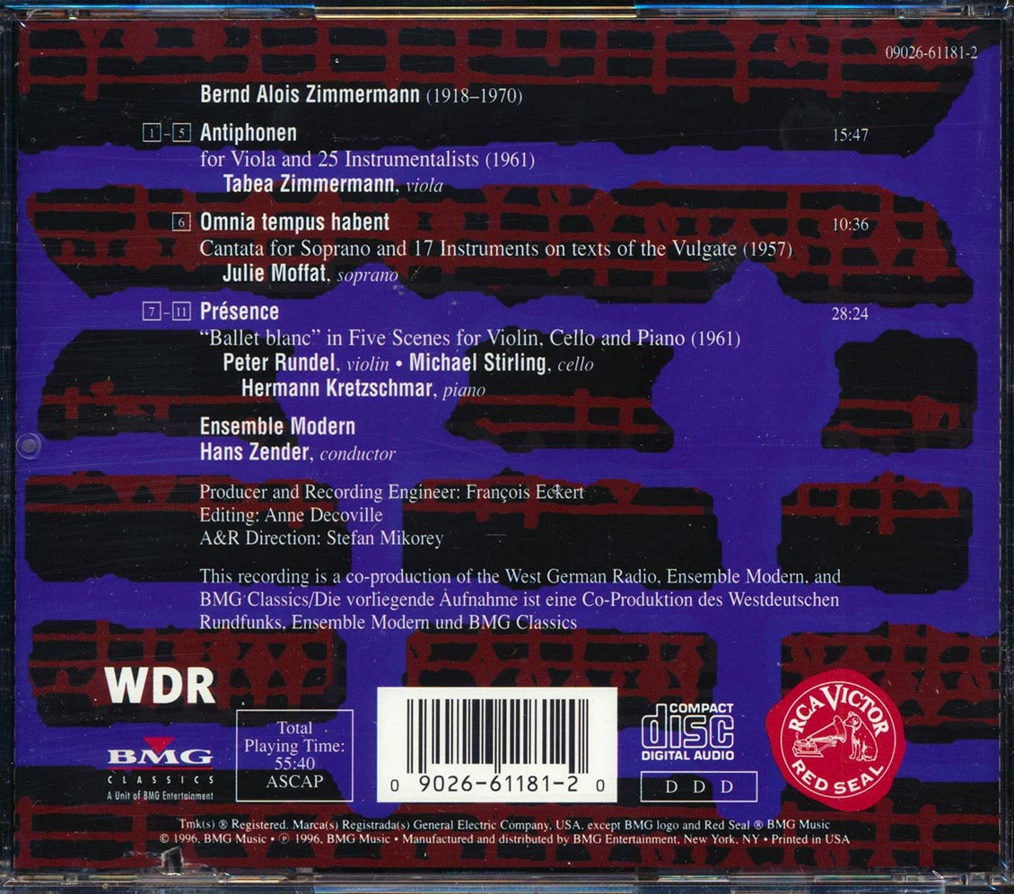Bernd Alois Zimmermann, Tabea Zimmermann, Ensemble Modern, Hans Zender - Antiphonen / Omnia Tempus Habent / Presence Music CD