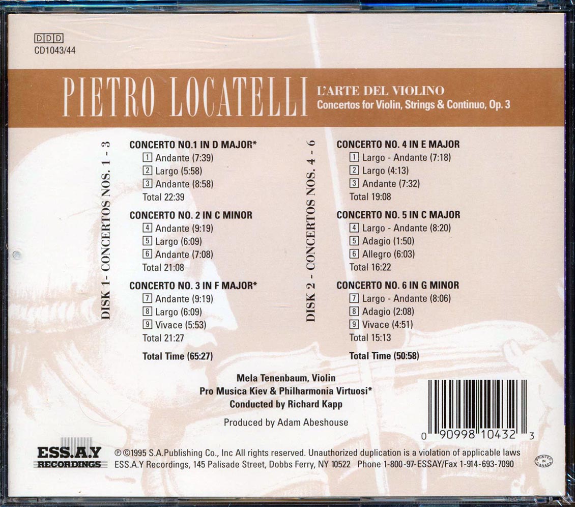 Pietro Locatelli - L' Arte De Violino Vols. 1 & 2 Concertos Nos. 1-6 Conductor Richard Kapp (2xCD) Music CD