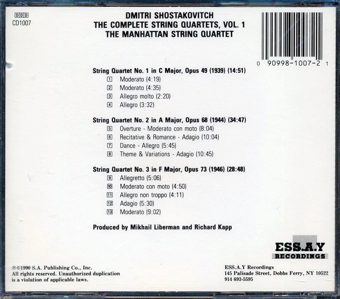 Shostakovitch, Manhattan String Quartet - Complete String Quartets, Vol. 1: Nos. 1, 2, & 3 (incl. large booklet) Music CD
