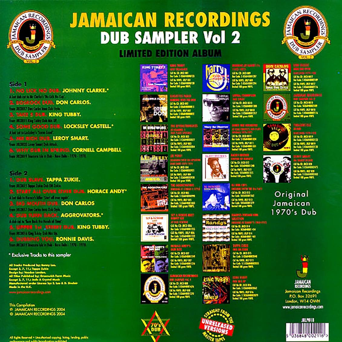 Don Carlos, Lacksley Castell, Johnny Clarke, Etc. - Jamaican Recordings Dub Sampler Volume 2 (180g) Vinyl Record