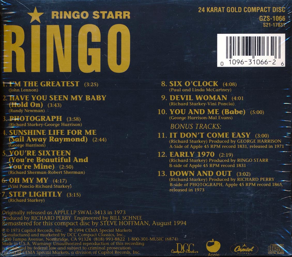 Ringo Starr Ringo +3 bonus tracks gold CD incl large booklet remastered Music CD