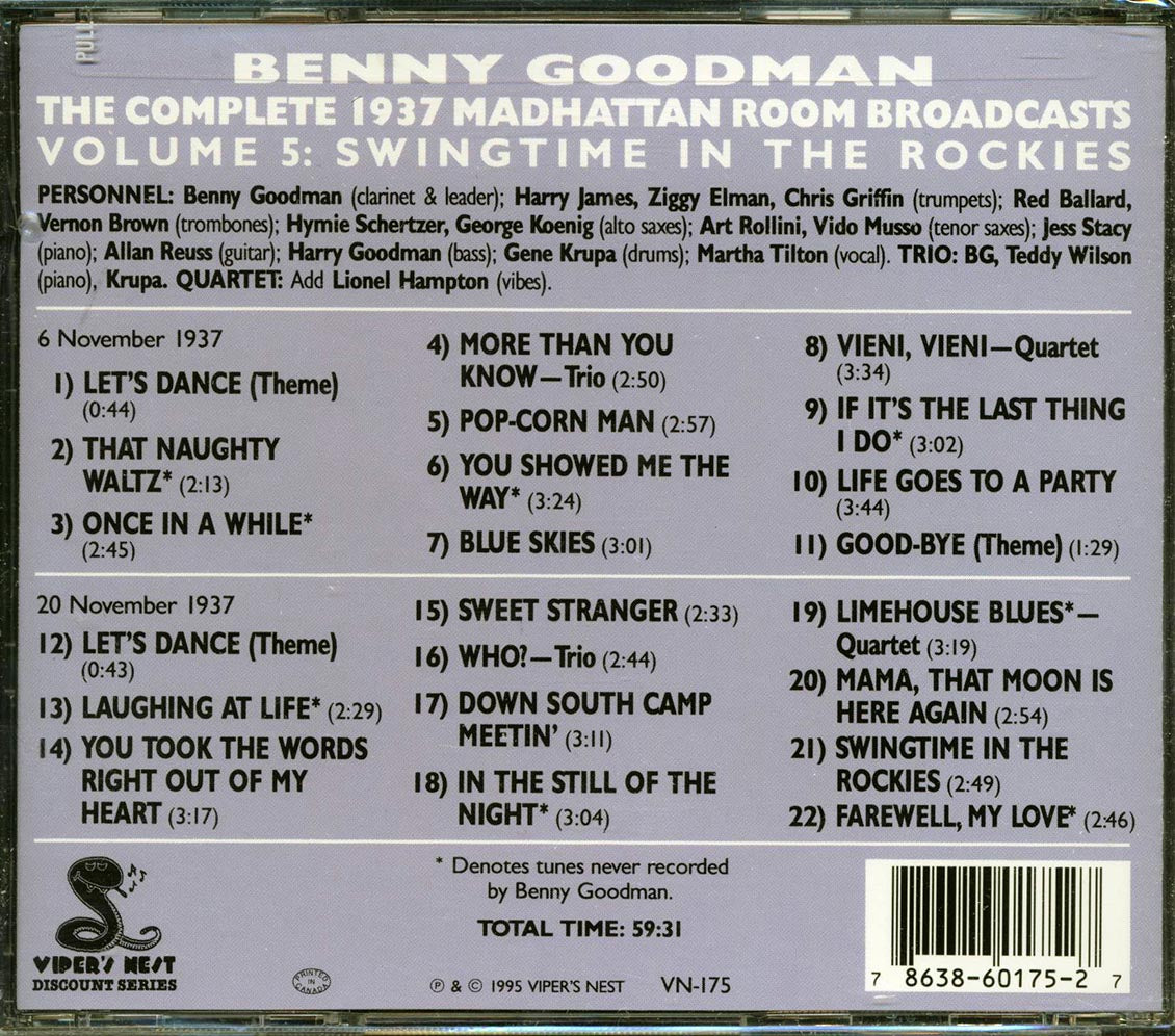Benny Goodman - The Complete 1937 Madhattan Room Broadcasts Volume 5: Swingtime In The Rockies (22 tracks) Music CD