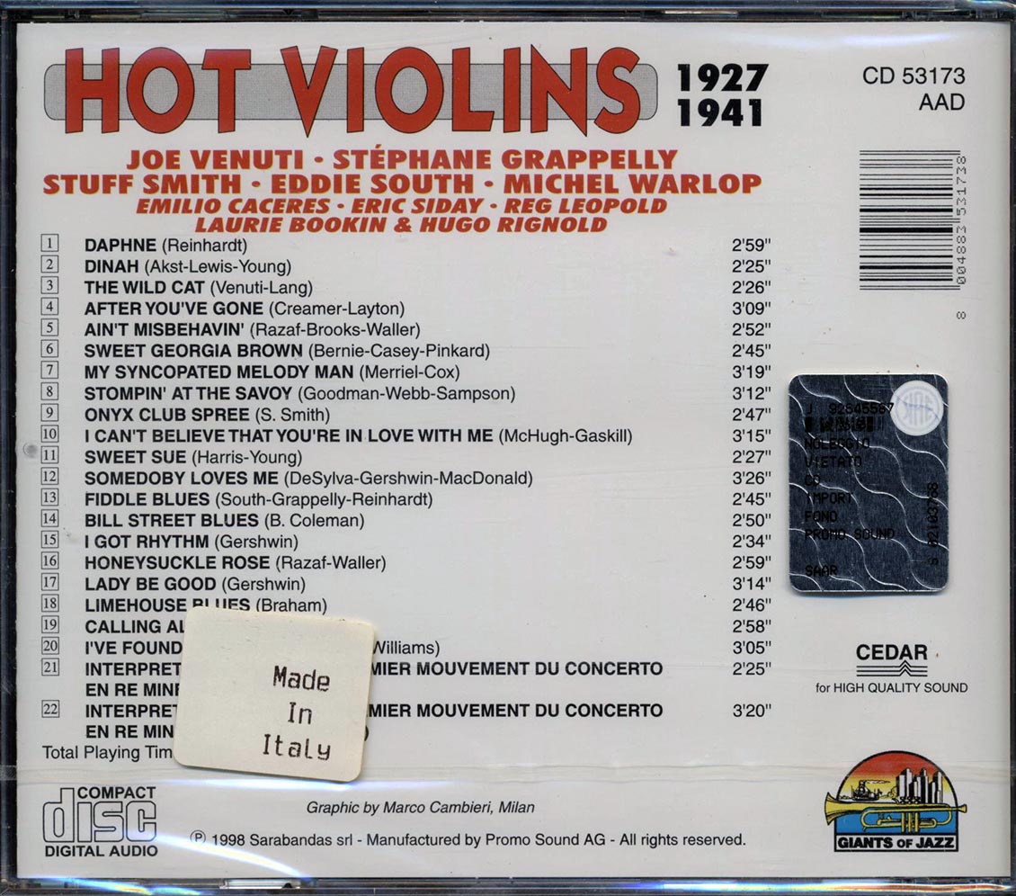 Joe Venuti, Stephane Grappelly, Stuff Smith, Etc. - Hot Violins (22 tracks) Music CD