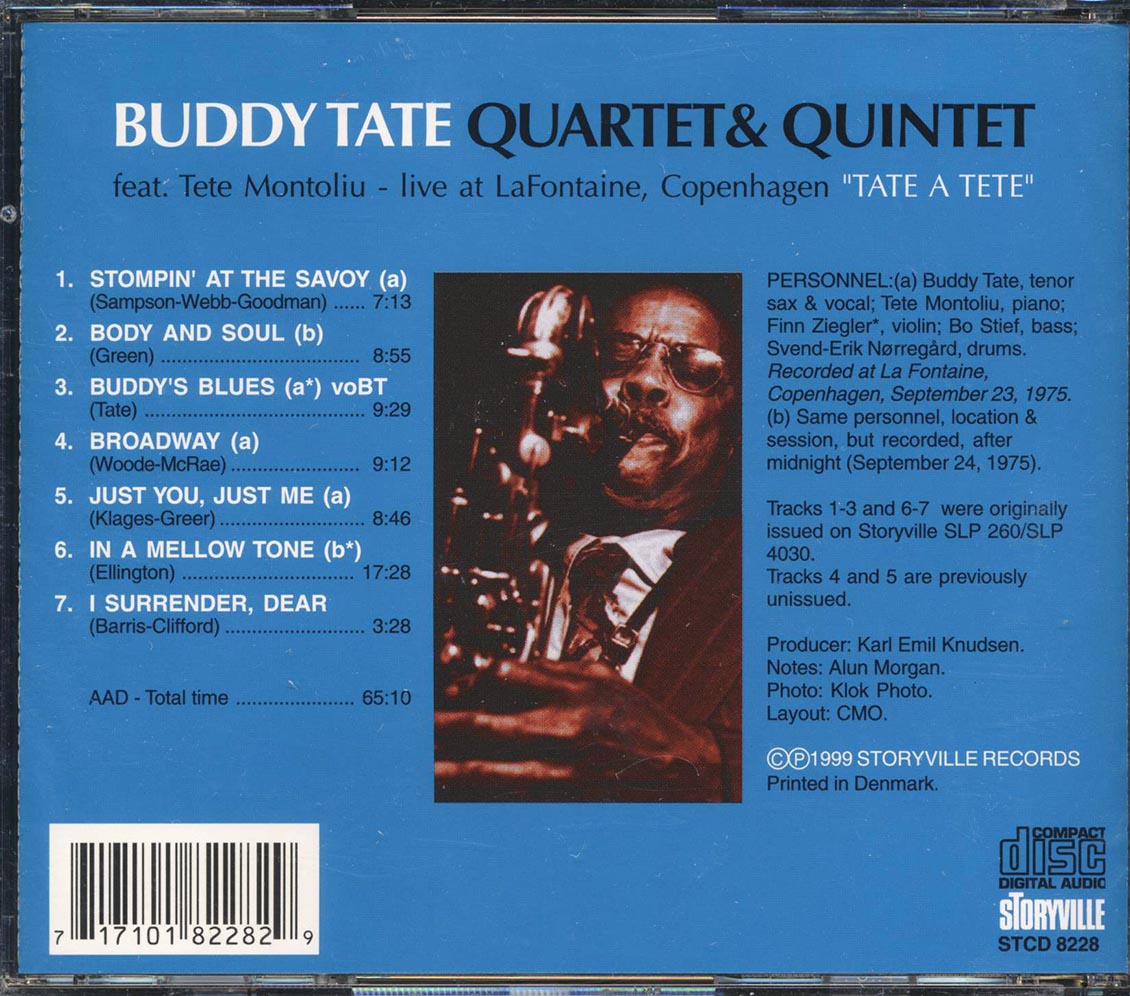 Buddy Tate Quartet, Buddy Tate Quintet, Tete Montoliu - Tate A Tete: At La Fontaine, Copenhagen Music CD