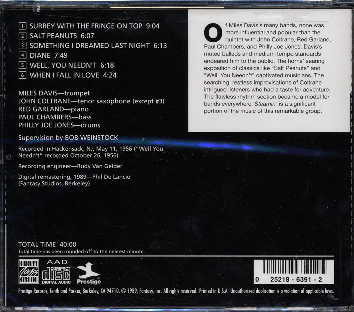 The Miles Davis Quintet Steamin' With The Miles Davis Quintet Music CD