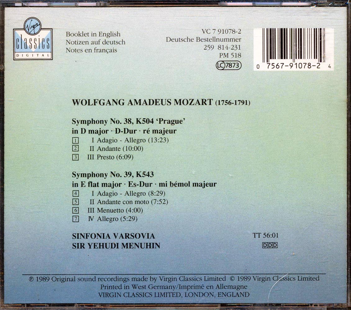 Mozart, Sir Yehudi Menuhin, Sinfonia Varsovia - Symphonies No. 38 Prague And No. 39 Music CD