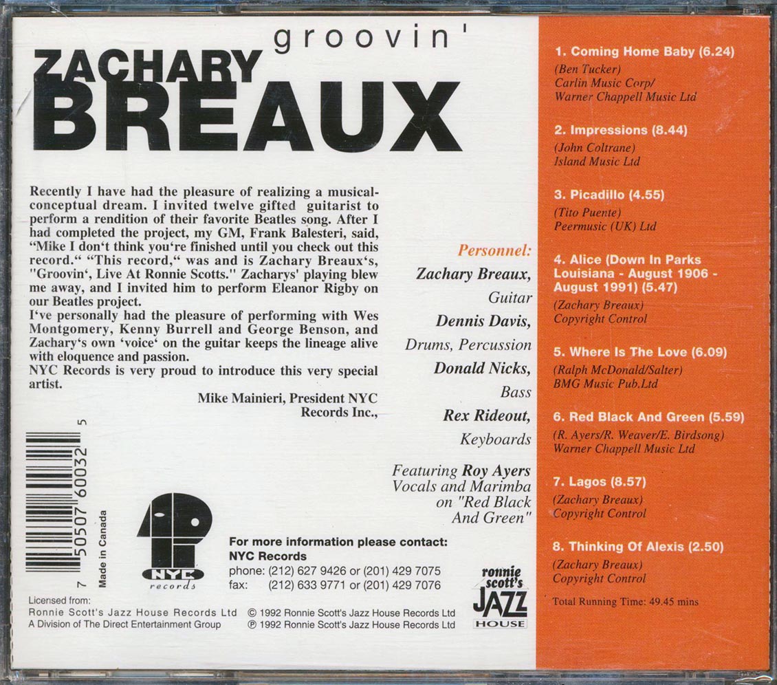Zachary Breaux - Groovin' Music CD