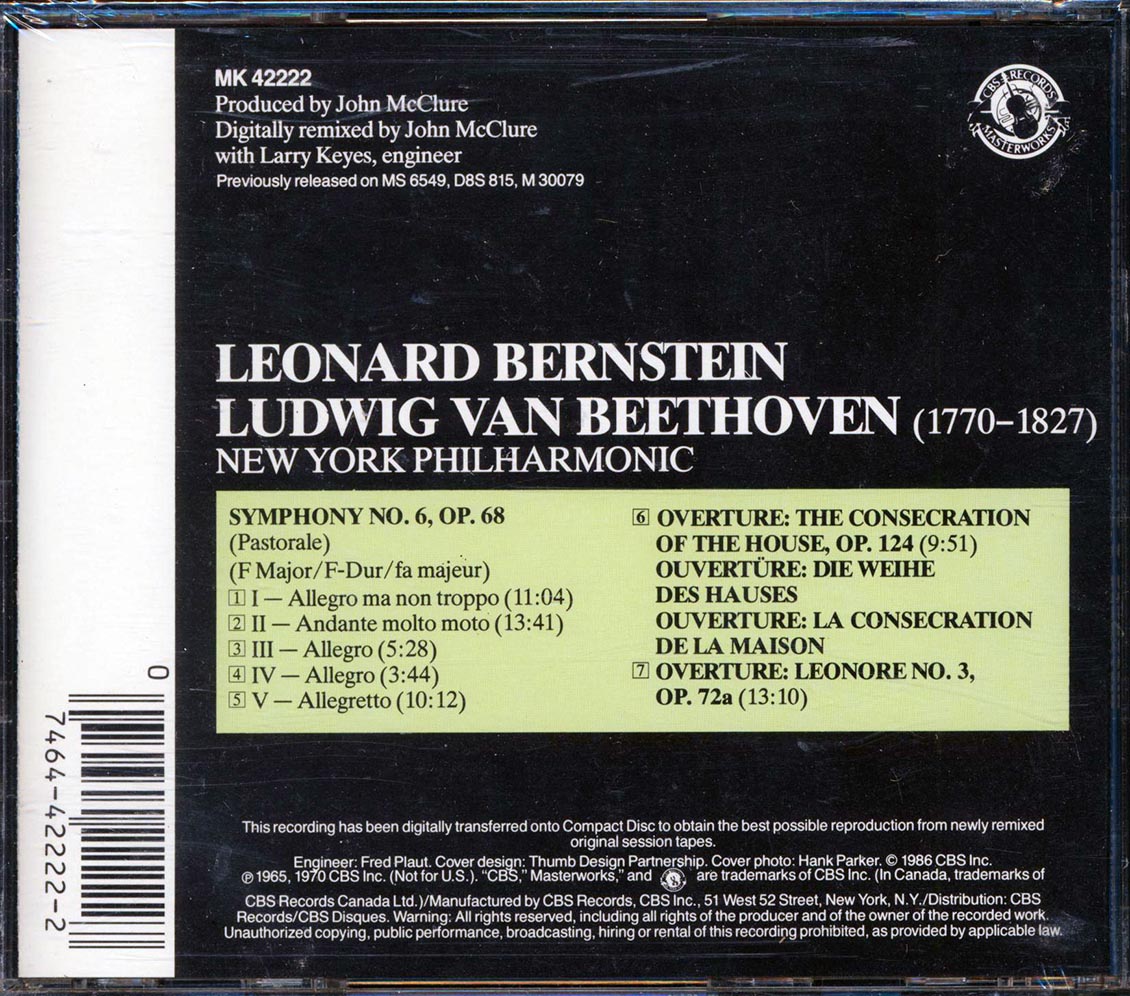 Leonard Bernstein, Beethoven - Symphony No. 6; The Consecration Of The House Overture; Leonore Overture Music CD