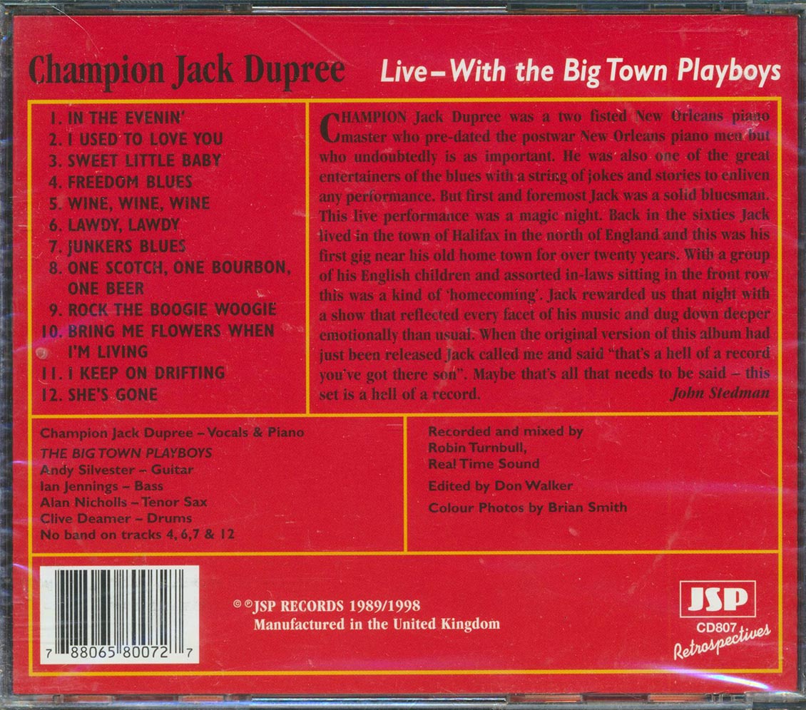 Champion Jack Dupree - Live With The Big Town Playboys Music CD