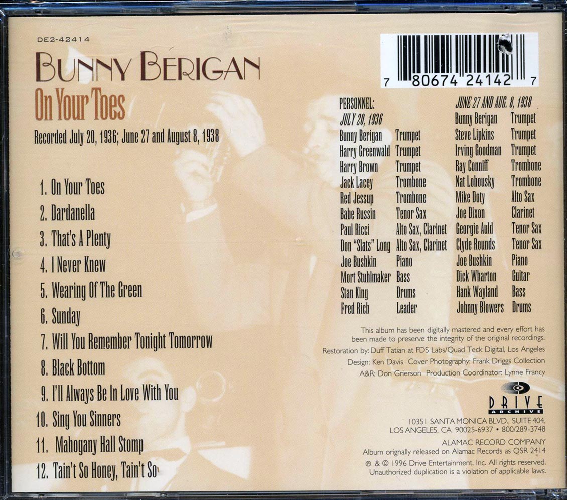 Bunny Berigan & His Orchestra - On Your Toes Music CD