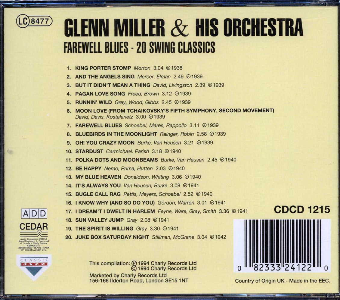 Glenn Miller & His Orchestra - Farewell Blues: 20 Swing Classics (20 tracks) Music CD