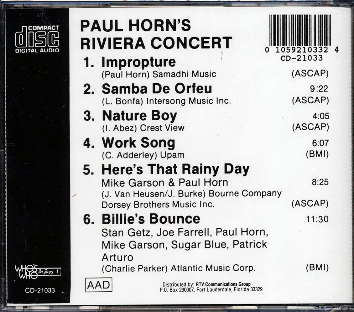Paul Horn - Paul Horn's Riviera Concert Music CD