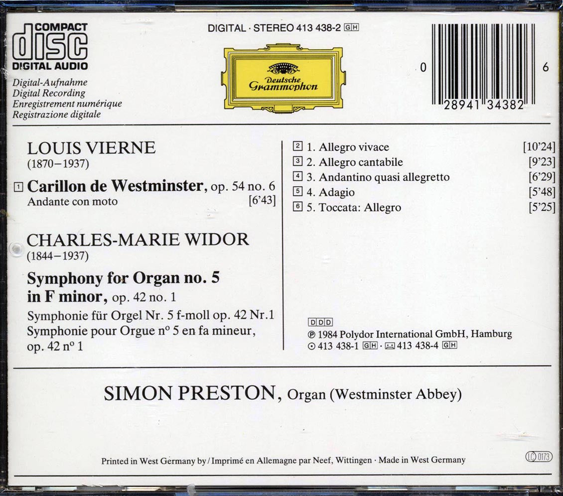 Widor, Vierne, Simon Preston - Symphony No. 5; Carillon De Westminster Music CD