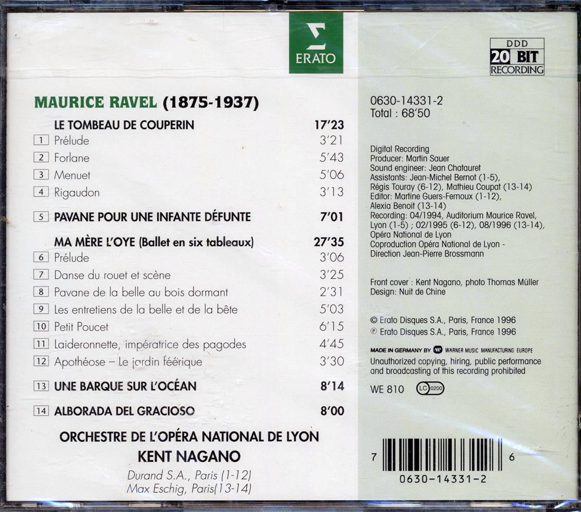 Ravel, Kent Nagano, Orchestre De L'Opera National De Lyon - Ma Mere L'Oye; Pavane Pour Une Infante Defunte; Le Tombeau De Couperin (marked/ltd stock) Music CD