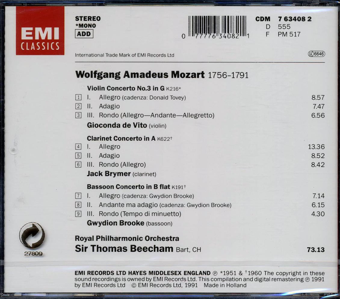 Mozart, Royal Philharmonic Orchestra, Sir Thomas Beecham - Mozart: Concertos Music CD