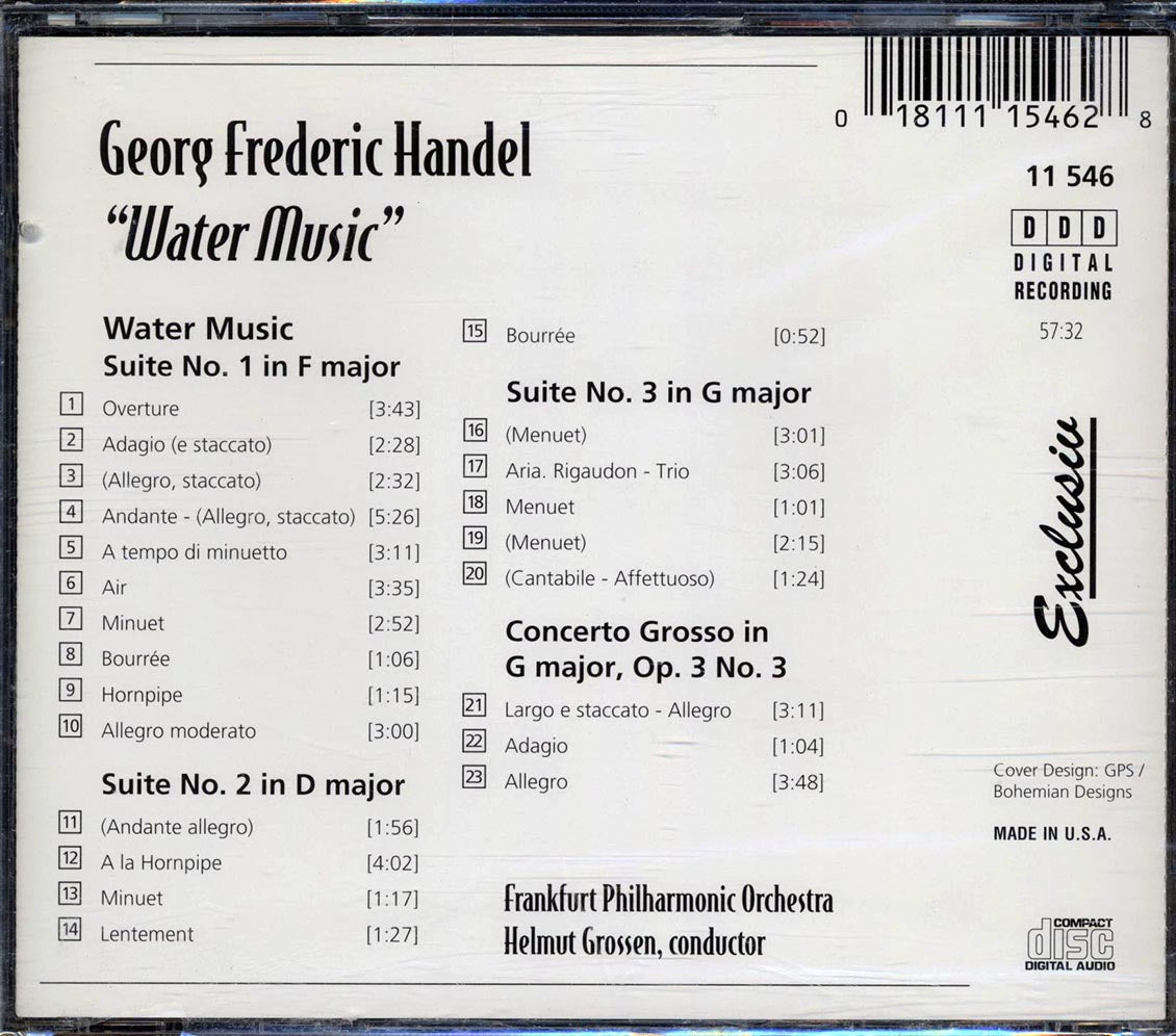 George Frederic Handel, Frankfurt Philharmonic Orchestra, Helmut Grossen - Water Music Music CD