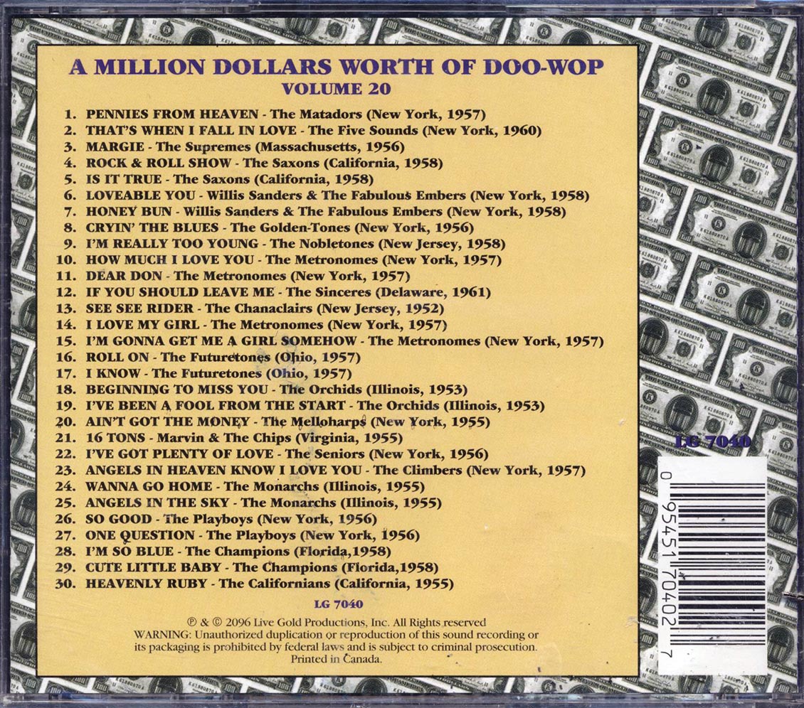 The Matadors, The Five Sounds, The Supremes, Etc. - A Million Dollars Worth Of Doo-Wop Volume 20 (30 tracks) (marked/ltd stock) Music CD